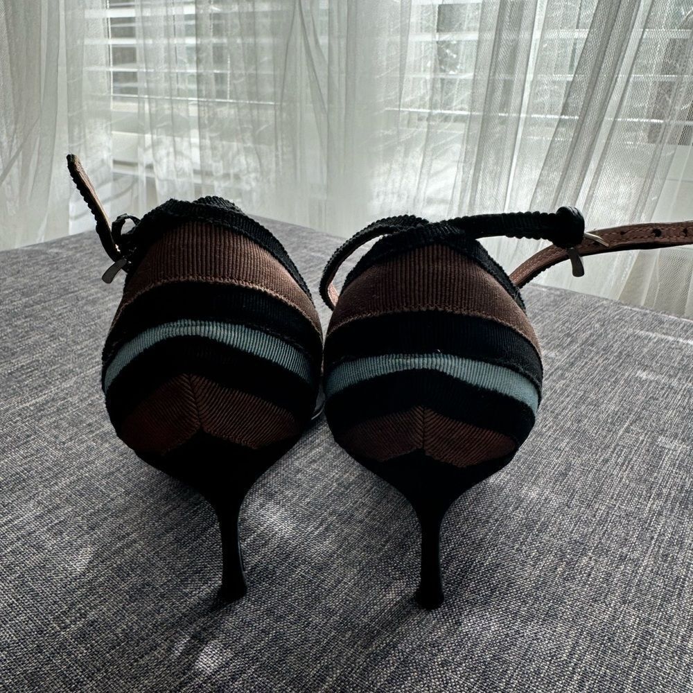 Prada Blue, Black, and Brown Grosgrain Striped Ankle Strap Heels with Bow Sz 40 - Picture 5 of 16